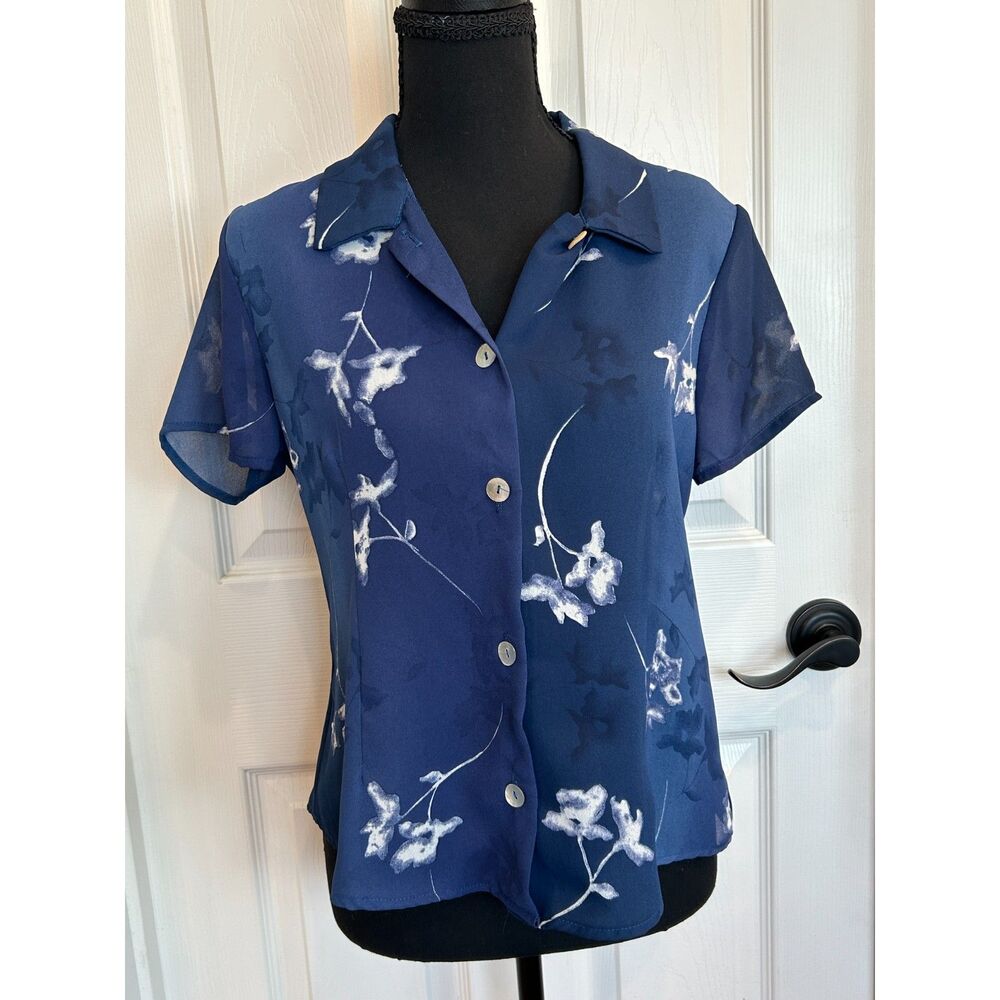 Vintage Y2K Sheer Blue Floral Blouse Whimsical Hillard & Hanson Sz 8